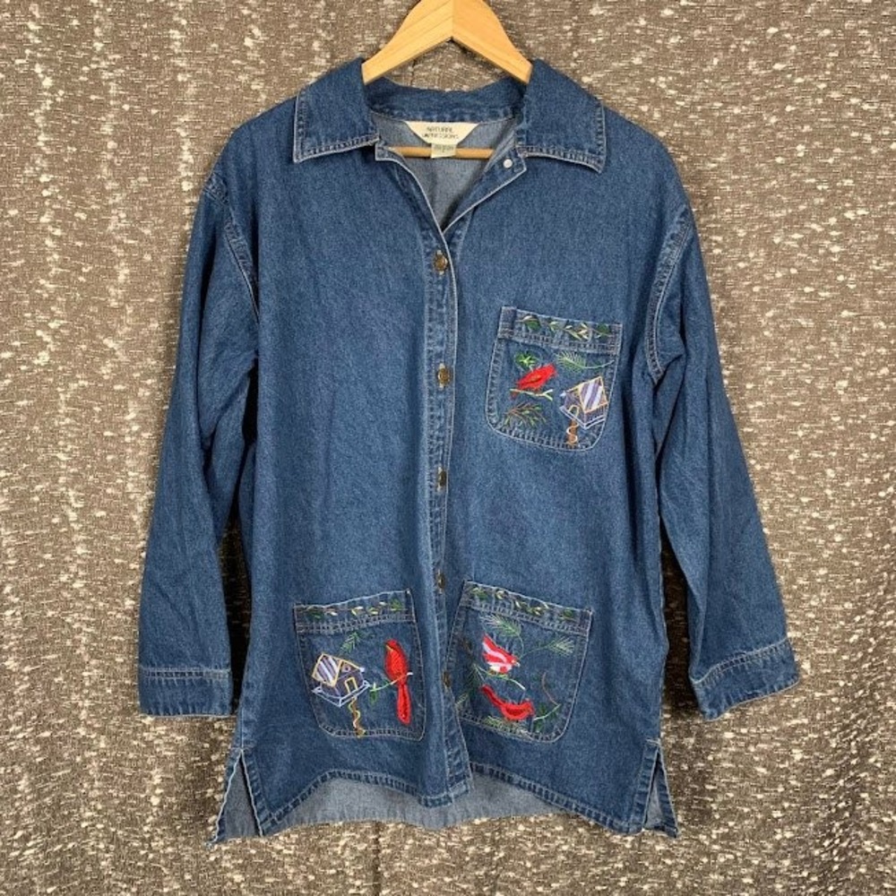 Natural Impressions Denim Shirt Jacket Embroidered Birds Cottage Women's Large